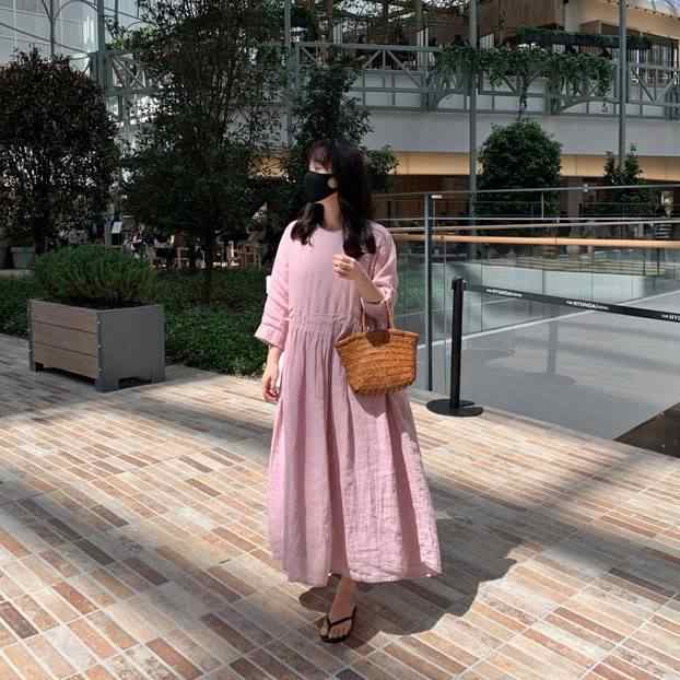 ワンピース レディース 春 夏 7分袖 無地 ロング マキシ丈 ミモレ丈 ロングワンピース デザイン シンプル ナチュラル 大きいサイズ ゆったり きれいめ 大人可愛い 綺麗 ふんわり ワイド