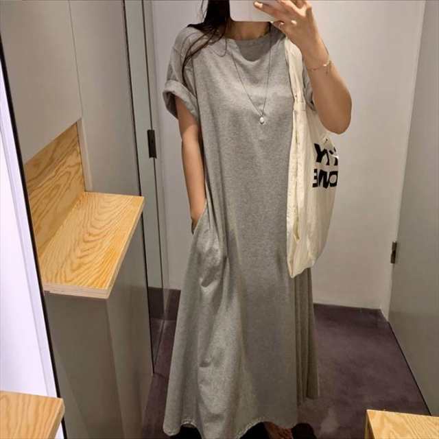 ワンピース レディース Tシャツワンピ ロング マキシ マキシ丈 半袖 ポケット 大人可愛い きれいめ シンプル 主役級 女子力 おしゃれ 大人女子 こなれ感 とろみ感 ゆったり 細見え モテ