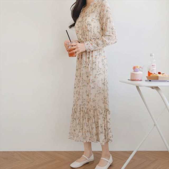 ワンピース レディース ミモレ丈 長袖 ミモレ丈 ドレープ ティアードワンピース Vネック カシュクール レース 透け感 花柄 フラワー ミディアム丈 襟なし チュニック ポケット付き 長袖 Aライン