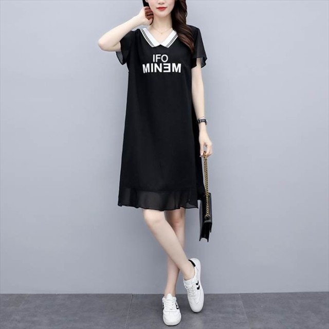 ワンピース レディース L XL 2XL 3XL 4XL 5XL ブラック ホワイト バイカラー モノトーンカラー 半袖 Tシャツワンピース Vネック 英字ロゴ ワンポイント シアースリーブ シアーヘ