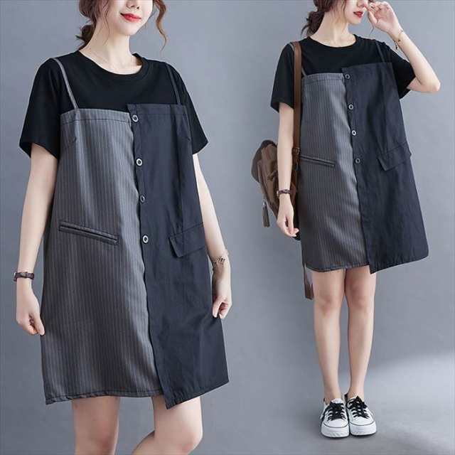 ワンピース Tシャツ レディース シャツ ショート丈 膝上 半袖 ラウンドネック 襟なし ストレート 切り替えデザイン ポケット 薄手 大人可愛い シンプル カジュアル シンプル 大人女子