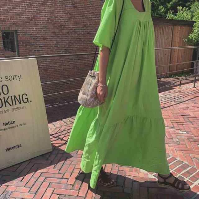 ワンピース レディース S M L XL グリーン スクエアネック 半袖 5分袖 ギャザー ティアードワンピース ロング デザイン ゆったり ワイド ルーズ 体型カバー リラクシー シンプル きれいめ