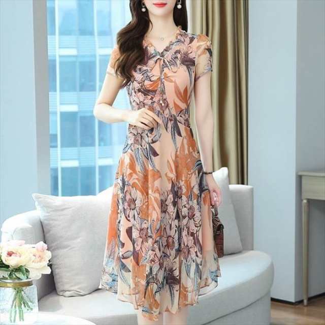 ワンピース レディース M L XL 2XL 3XL オレンジ系 Aライン フレア 半袖 フラワー 花柄 フローラル プリント Vネック リボン パフスリーブ フリル シフォン シアー 透け感 デザイ