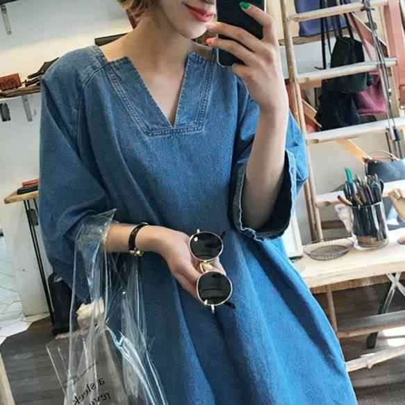 ワンピース レディース S M L XL ブルー デニム 7分袖 Vネック ポケット デザイン ヴィンテージ風 ゆったり ルーズ 体型カバー リラクシー シンプル きれいめ カジュアル フェミニン 大