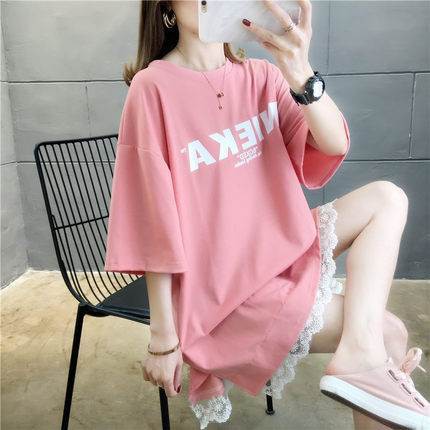 ワンピース レディース Tシャツ ショート ショート丈 膝上 5分袖 ドロップショルダー ラウンドネック ワイド レース スリット サイドスリット 切り替えデザイン 透け感 伸縮性 ラフ