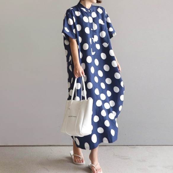 ワンピース レディース S M L XL ブルー 半袖 5分袖 スタンドカラー ポケット シャツワンピース 水玉模様 ドット柄 デザイン ゆったり ルーズ 体型カバー リラクシー マキシ丈 シンプル