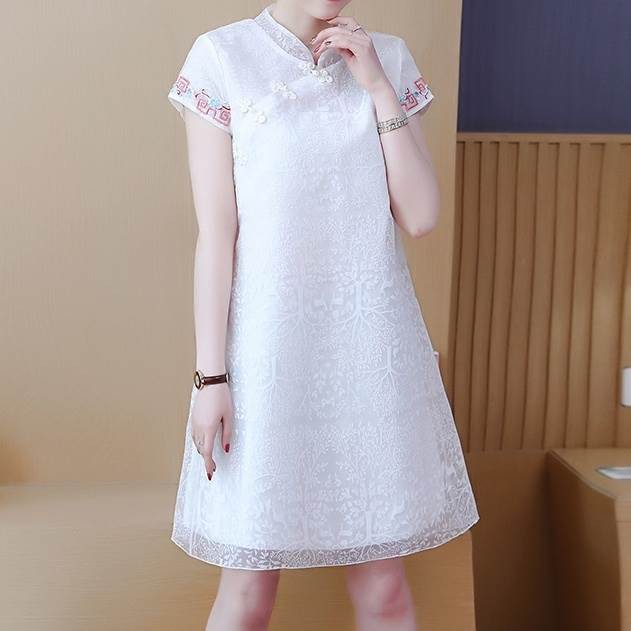 ワンピース レディース 3カラー S M L XL 2XL 3XL 4XL 5XL グレー ホワイト ピンク 膝上ワンピース Aライン 半袖 チャイナドレス風 柄 デザイン シアー シースルー 透け感