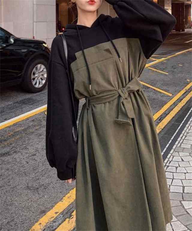 ワンピース パーカーワンピース ワンピ 春 秋 レディース フェイクレイヤード 厚手 フード付き リボン ボウタイ ゆったり バルーン袖 綿 コットン 無地 長袖