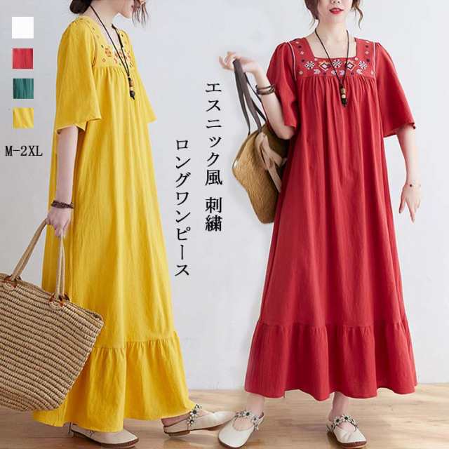ワンピース ロング丈 刺繍 綿 麻 フレア 春 夏 半袖 エスニック風 20代 30代 40代 50代