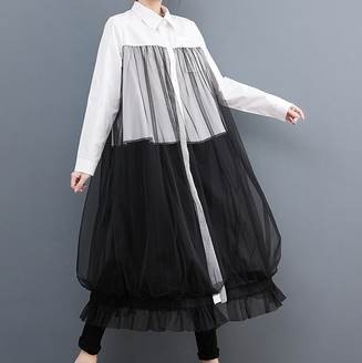 レディース スカート ワンピース シャツワンピ 膝下 ロング 長袖 襟付き ポロカラー ワイド Aライン 切り替え ドッキング オーバーサイズ プリーツ チュール 透け感 シースルー ボタン