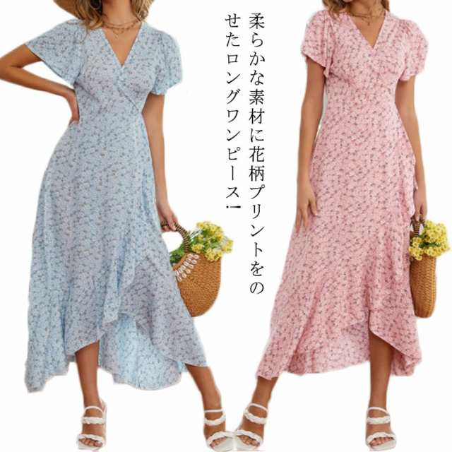 花柄 ワンピース ロング 夏 半袖 vネック フレア ロングワンピース ビーチウェアレディースファッション ワンピース