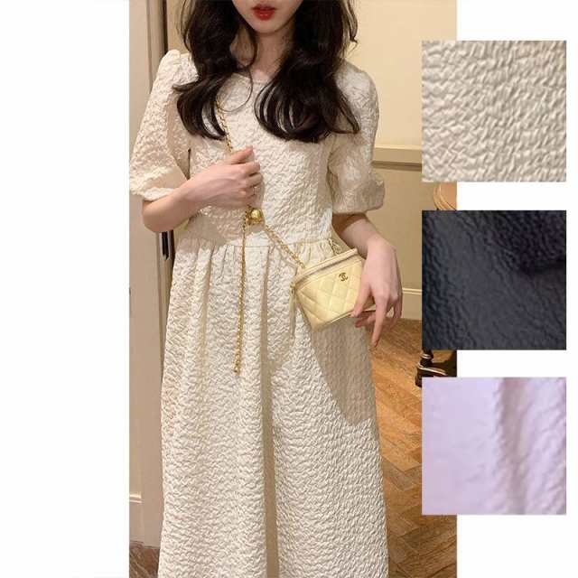 ワンピース ボリューム袖 ワンピース レディース ミモレ丈 リップル生地 立体 半袖 ロング丈 マキシ丈 フレア Aライン シンプル 夏 韓国ファッション 大きいサイズ ゆったり きれいめ