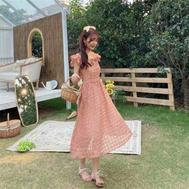 ラウンドネック カジュアル 薄手 夏 ボウタイ チェック かわいい ワンピース ノースリーブ レデイース Aライン 優雅 ピンク ゆったり ロングワンピ マキシス丈 オシャレ lianyiqun-40