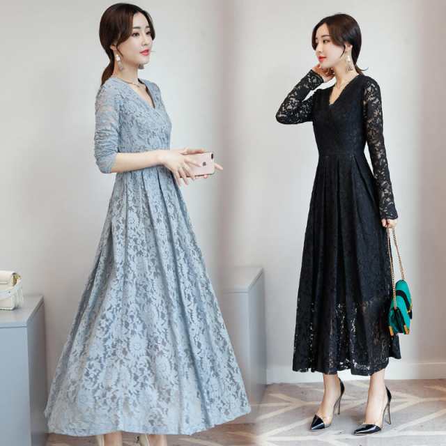 ワンピース レディース ロングワンピース ロング マキシ丈 レース 花柄 総レース きれいめ Aライン フレア 大人 上品 ミディアム丈 黒 春 夏 秋 秋冬 ワンピ 長袖 大きいサイズ フォーマル