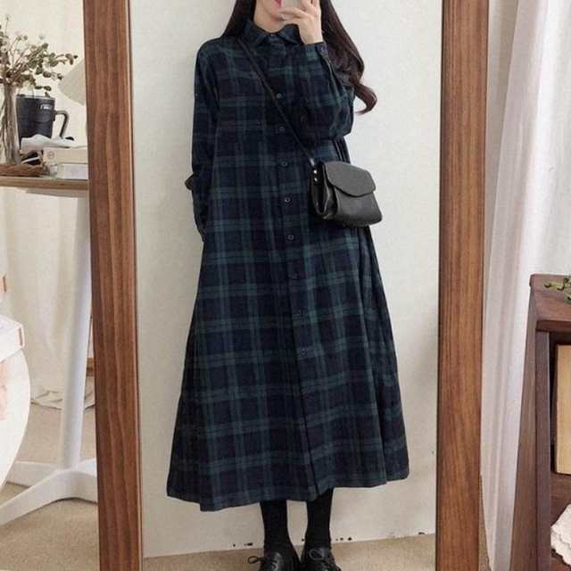 ワンピース シャツワンピ レディース チェック柄 襟付き ボタン 長袖 春 秋 冬 ロング丈 ミモレ丈 個性的 前開き プリント シャツ ドレス 緑 大人可愛い きれいめ 上品 レトロ