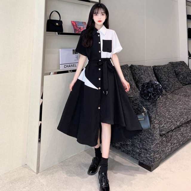 ワンピース レディース シャツ 個性的 半袖 襟付き ひざ丈 ミモレ丈 バイカラー ドッキング アシメントリー モノトーン 黒 M L XL 2XL 3XL 4XL 大きいサイズ 春 夏 秋 きれいめ