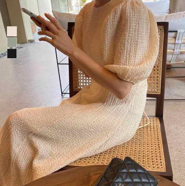 ワンピースボリューム袖 ロングワンピースシボ加工 リップル生地 立体 ウエストリボン ロング丈 マキシ丈 フレア Aライン