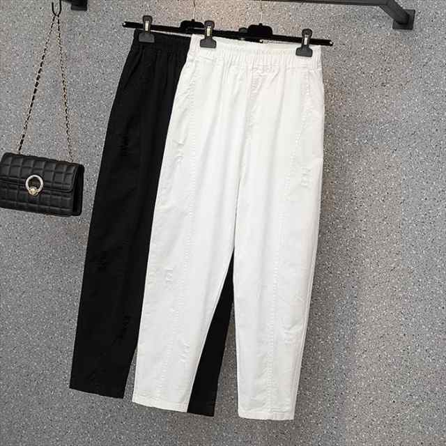 ボトムス レディース L XL 2XL 3XL 4XL ブラック ホワイト スクラッチ加工 ダメージ加工 ベイカーパンツ イージーパンツ ズボン パンツ ポケット ウエストゴム ハイウエスト ストレー