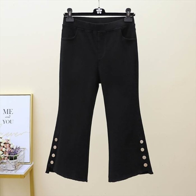 ボトムス パンツ レディース L XL 2XL 3XL 4XL 5XL ブラック ワイドパンツ クロップドパンツ 七分丈 7分丈 無地 ニュアンス生地 ポケット カットオフ 切りっぱなし ボタン装飾