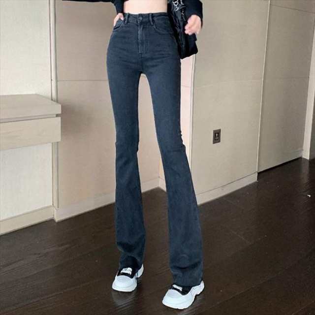 パンツ ボトムス レディース S M L ブラック デニム ジーンズ フレアパンツ ブーツカットパンツ ズボン ボタン ロング ハイウエスト スタイルアップ 脚長効果 シンプル カジュアル 大人