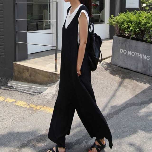 サロペット オーバーオール レディース S M L XL ブラック ノースリーブ 無地 Vネック ポケット デザイン ワイド パンツ ズボン ボトムス ゆったり リラクシー 体型カバー シンプル
