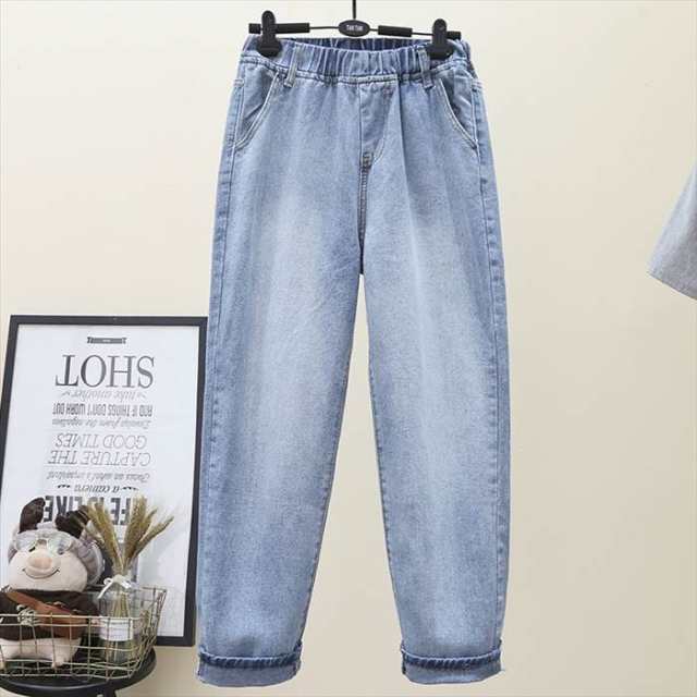 ボトムス レディース 2カラー S M L XL 2XL 3XL 4XL 5XL ライトブルー ブルー イージーパンツ デニム ジーンズ ヴィンテージ風 ポケット ウエストゴム パンツ ズボン デザイ