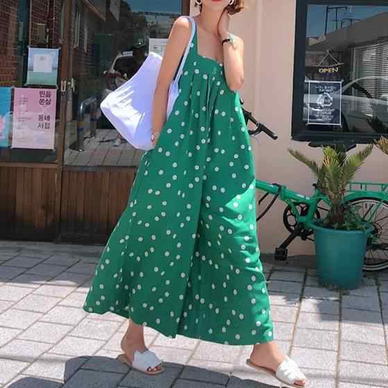 オーバーオール レディース S M L XL グリーン サロペット パンツ ボトムス ズボン 水玉模様 ドット柄 肩ひも プリント ポケット デザイン ワイド ゆったり ルーズ 体型カバー レトロ