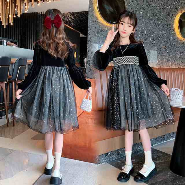 ワンピース キッズ 春秋 長袖 ベルベット 子供用 Aライン 女の子 ドレス パーティードレス プレゼント チュールスカート ファッション きれいめ お嬢様風 結婚式 入学式 おしゃれ 女児 発表会