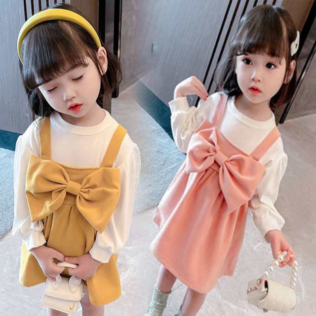 ワンピース キッズ 蝶結び ピンク イエロー フェイク サロペット 子供服 女の子 ファッション きれいめ 結婚式 カジュアル おしゃれ 女児 可愛い お出かけ 90-130 TZ-1067