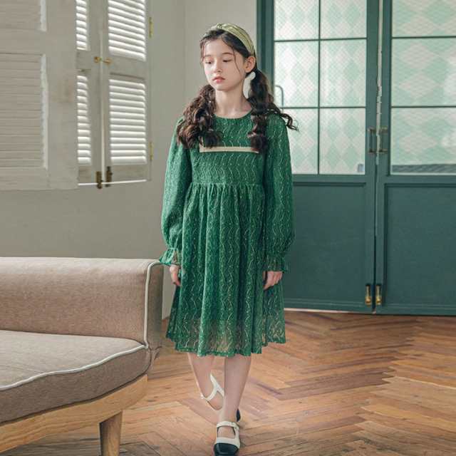 ワンピース キッズ 子供服 Aライン 女の子 ドレス ファッション きれいめ お嬢様風 結婚式 入学式 おしゃれ 女児 発表会 可愛い レース パーティー プレゼント お出かけ 学生 グリーン 120