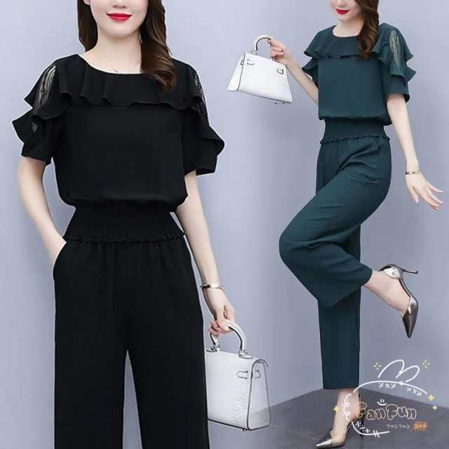 セットアップ レディース ファッション 20代 30代 40代 50代 ワイドパンツルック 太め カットソー 女性 春 夏服 シフォンカットソー ワイドパンツ