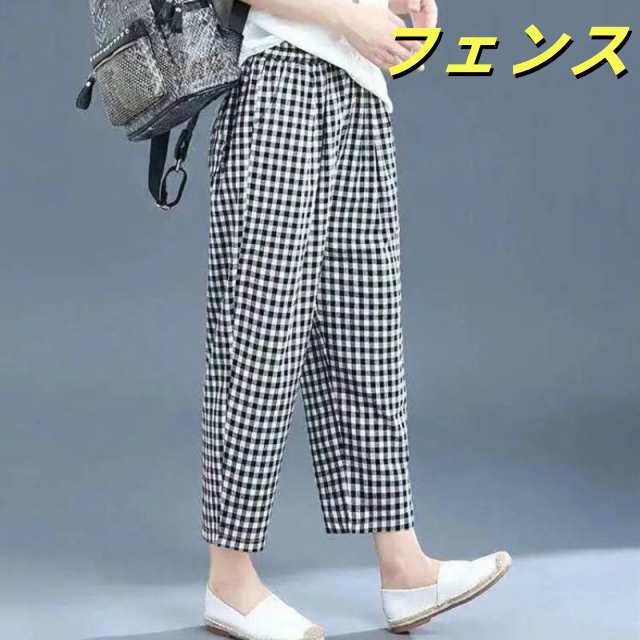スカンツ ワイドパンツ ガウチョパンツ パンツ スカーチョ ズボン レディース 9分丈 チェック ウェストゴム ハイウエスト チェック柄 ポケット付き 無地