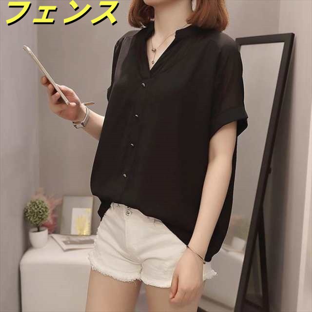 トップス レディース XL 2XL 3XL 4XL ブラック シャツ ブラウス 半袖 シフォン Vネック バンドカラー プルオーバー メタルボタン シアー 透け感 デザイン ゆったり ルーズ 体型カバ