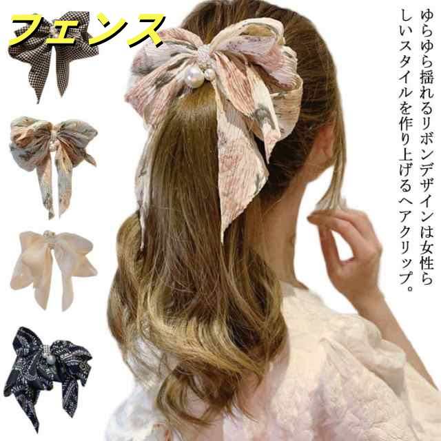 【送料無料】ヘアクリップ ヘアアクセサリー ヘアアクセ リボン ヘアークリップ クリップ 髪留め ビックリボン チェック 花柄 シフォン アクセサリー 雑貨 バナナクリップ 大きめ カラフル チアダン