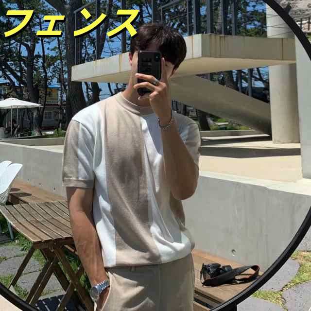 サマーニット メンズ 半袖 ゴルフ 涼しい 夏 クルーネック 配色 バイカラー トップス