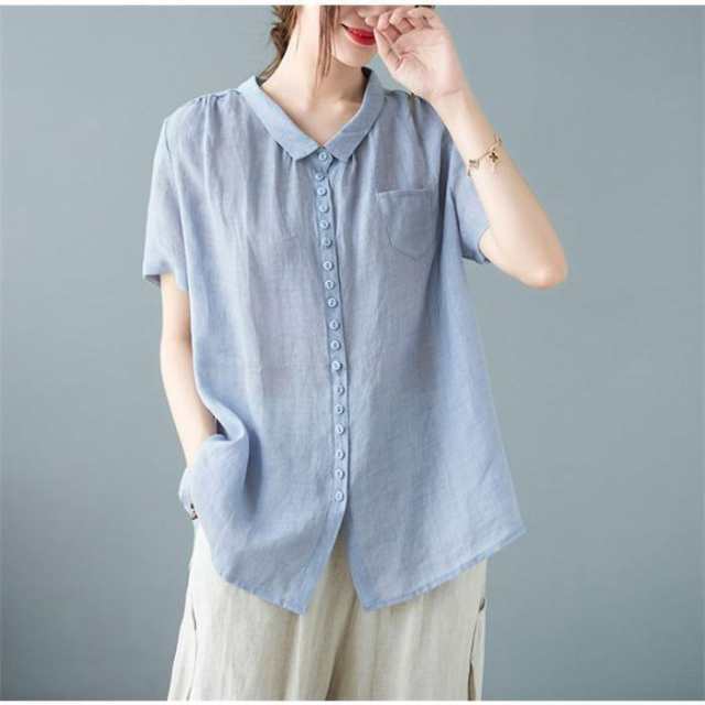 ブラウス レディース 夏 半袖 リネンブラウス トップス 無地 前開き 綿麻 シンプル 前後差 Tシャツ カジュアル 体型カバー きれいめ 通勤 リネン混