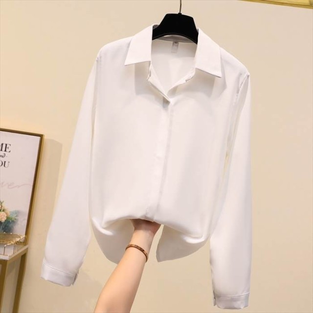 トップス レディース ブラウス M L XL 2XL 3XL 4XL 開襟シャツ ベージュ ホワイト ブルー ブラック フライフロント ペールトーン シャツ 単色 長袖 ドロップショルダー シフォン