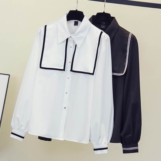 トップス レディース シャツ L XL 2XL 3XL 4XL ホワイト ブラック ブラウス 通勤 OL オフィス ライン 着回し メタルボタン モノトーン 長袖 襟 ボタン パフスリーブ デザイン