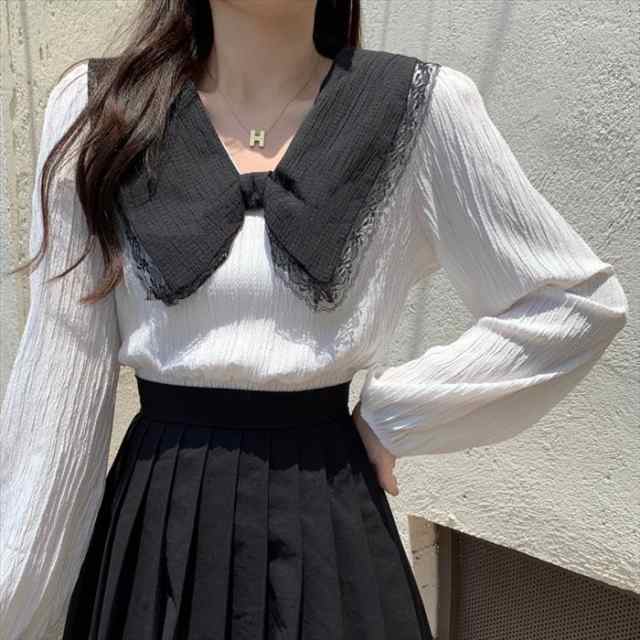 ブラウス シャツ レディース トップス 長袖 しわ加工 パフスリーブ ビッグカラ? リボン セーラーカラー 襟コンシャス レース ボリューム レース クルーネック フリル オフィス カジュアル エレガ