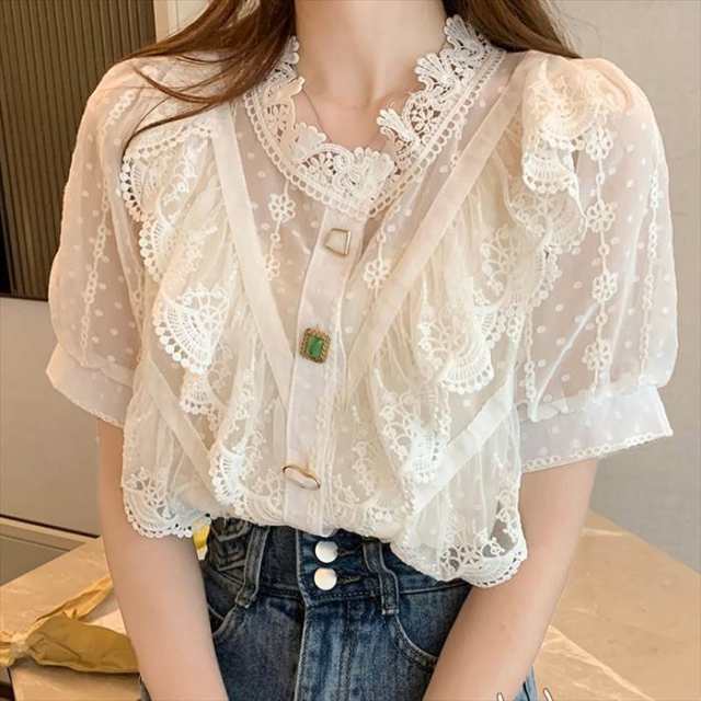 ２カラー トップス ブラウス レディース ホワイト アプリコット レース フリル フェミニン 半袖 S M L ボタン 上品 大人 大人可愛い おしゃれ お洒落 韓国 ファッション イベント 普段使い