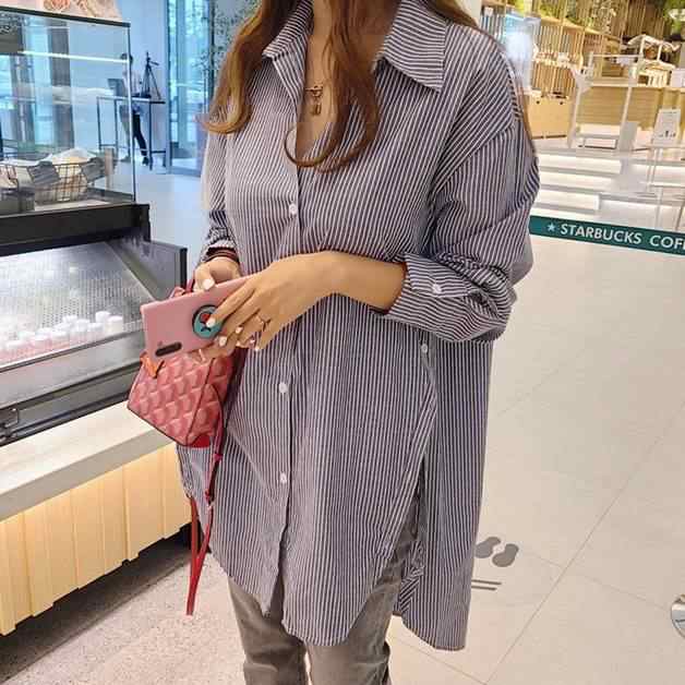 シャツ チュニック トップス レディース S M L XL ブルー 長袖 ストライプ柄 ボタン ロングシャツ ボタン ワンピース デザイン カーディガン 羽織り 冷え防止 冷房対策 日焼け対策