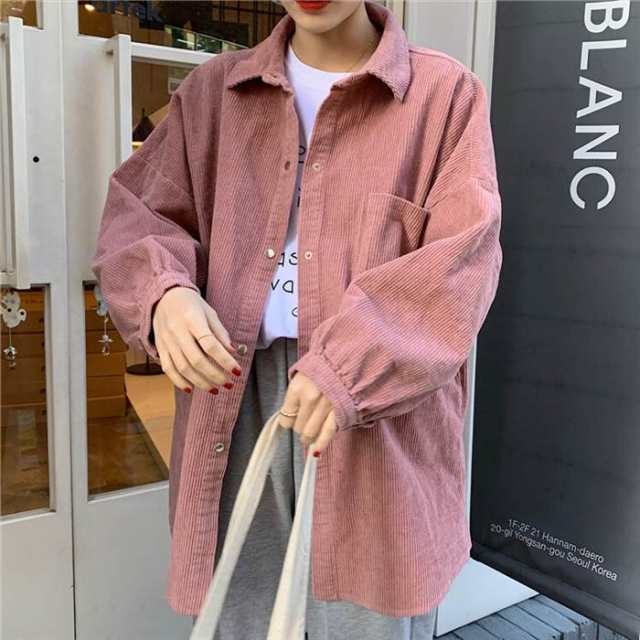 トップス レディース 4カラー S M L XL ブラウン ブラック ピンク アプリコット カラバリ 単色 シャツ 長袖 コーデュロイ 羽織り ポケット ロング シャツ 長め丈 デザイン オーバーサイ