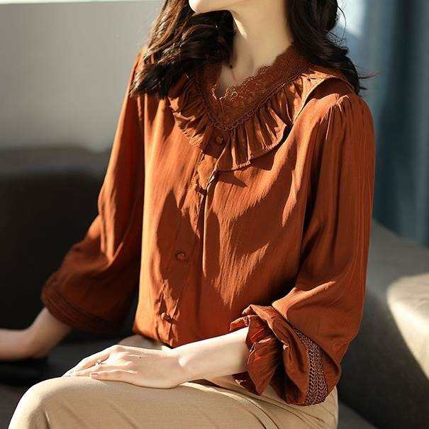 トップス レディース 2カラー L XL 2XL 3XL 4XL 5XL ブラウン ブラック 長袖 ブラウス シャツ レース 透かし編み フリル キャンディスリーブ デザイン 体型カバー シンプル カ