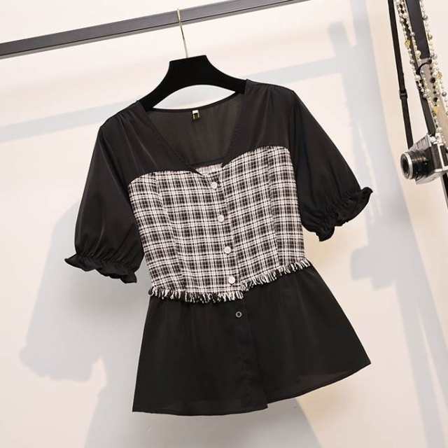 トップス レディース シャツ ブラウス L XL 2XL 3XL 4XL ブラック 黒 Vネック ギャザー 半袖 チェック フリンジ 切り替え ノーカラー 襟なし チェック柄 フレア ミディアム丈 シ