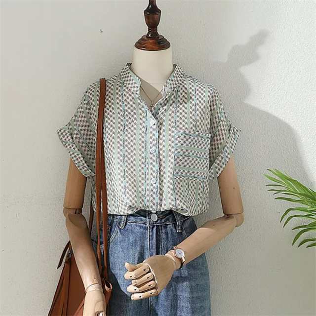 ブラウス 総柄 レディース トップス シャツ 半袖 フレンチスリーブ バンドカラー シフォン 大きいサイズ ゆったり 春 夏 柄 ブラウス