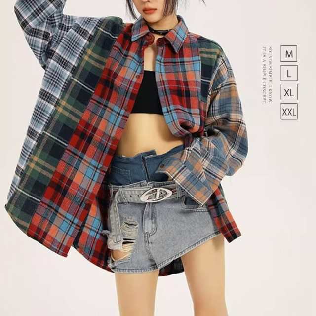 シャツ レディース ブラウス 夏 長袖 チェック コットン 切り替え シャツブラウス 配色 トップス 大きサイズ 前開き 羽織り シンプル