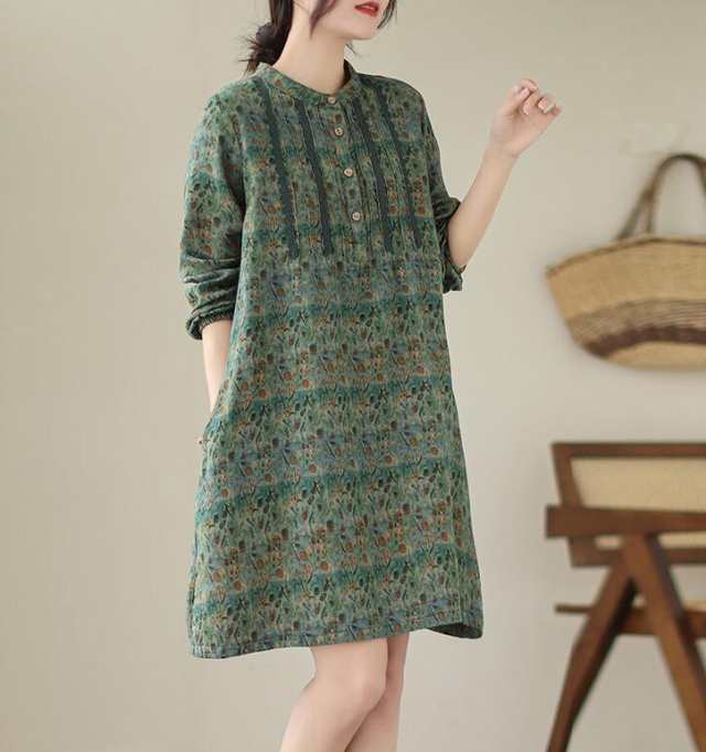 チュニックブラウス 花柄 レディース ロングシャツ 配色 長袖 プルオーバー スタンドカラー 綿麻風チュニックワンピース 切替 トップス コットン
